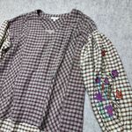 easel Anthropology Los Angeles Boho Tan Gingham Embroidered Sleeve Top Womens Sm Photo 0