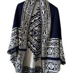 Reversible Shawl Women's Ruana Wrap Bohemian Navy and Cream One Size # 1496 Blue Photo 0