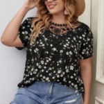 SheIn Black Floral Plus 1X Lace Neckline Flare Sleeves Top Shirt Blouse Work Wear Photo 0