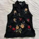 90s Black linen embroidered floral sleeveless blouse yellow red roses Size small Photo 0