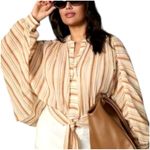 Anthropologie ‎ Shirt Women Ivory Striped Cotton Batwing Sleeve Tie Front Blouse Photo 0