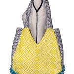 Boutique boho carpet bag textured textile woven beaded fringe tote bag Blue Photo 1