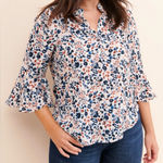 ASTR  Button Front Flare Sleeve Blouse in Leopard Print Blue White Pink Rust - L Photo 0