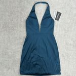 Sherri Hill NEW NWT 51420 Halter Plunge Satin mini dress hoco cocktail teal Photo 3