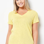 Chico's Tee Shirt Short Sleeve Neon Yellow V Neck Stretch Side Slits, Size M Photo 0