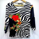 Jane Ashley Zebra Print with Tropical Flowers Beaded Rhinestone 100% Cotton Top Photo 0
