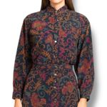 Vintage Breeches Shirt Button Front Long Sleeve Black Gold Abstract Leaf Print Size 8 Photo 0