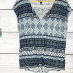 Lucky Brand Boho Patterned Blue & White Front Tie Cap Sleeve Top Size Large Photo 0
