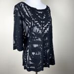 Laundry by Shelli Segal Blouse Large Black Lace Brocade Over Mesh Scalloped Hem Photo 3