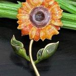 Vintage Enamel Sunflower Brooch Orange Photo 0