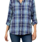 LL Bean Womens Blue Plaid Madras Cotton Button Up Shirt Size LARGE Photo 0
