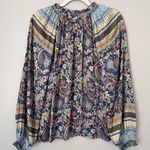 Current Air Floral Paisley Border Print Ruffle Trim Satin Peasant Blouse Blue M Photo 5