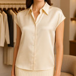 Vince  Silk Cap Sleeve Ruched Back Button Down Blouse Cream Size Large Photo 0