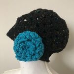 Beanie Hat Crocheted Flower Floral Confetti Speckled Handmade Black Blue Photo 0