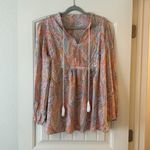 SheIn Peacock Pattern Print Tie Neck Lantern Sleeve Blouse Peplum Top Photo 1