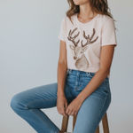 J.Crew Dazzling deer art tee Small Beige Embroidered Beaded Christmas Holiday Photo 0