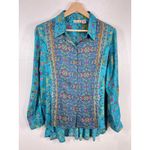 Lola P. Floral Button Down Top Long Sleeve Ruffle Hem‎ Bohemian Teal Size Medium Blue Photo 2