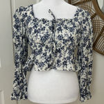 Chelsea and Violet Blue Toile Ruffle Floral Boho Cropped Top Cotton Linen Sz M Photo 0