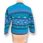 Vintage 90s Cardigan Sweater Round Neck Bright Blue Hand Knit Abstract Pattern Photo 5