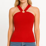 Cache Vintage Silk Blend Red Ribbed Halter Top Size S Photo 0