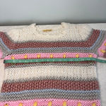 Handmade Knit White Pink Striped Crew Neck Sweater S Flowers Photo 4