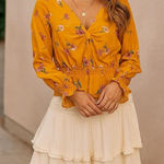 H&M  Womens Yellow Floral Puff Sleeve Knot Cinched Detailed Top sz 12 Boho Dainty Photo 0