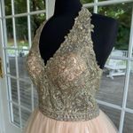 Light Pink Short Halter Dress with Gold Lace and Aurora Borealis Crystals Photo 1