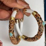 Turquoise Stone & Leopard Print Hoop Earrings With Gold Accents White Photo 0