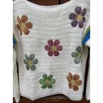 Duwaykam White Colorful Embroidered Flower Power Floral Knit Stripe Sweater Boho Photo 2