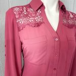 EXPRESS  Pink Lace Detail Button Down Shirt Photo 1