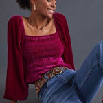 Anthropologie  Velvet Puff Sleeve Smocked Long Sleeve Blouse Top Shirt, XS Photo 0