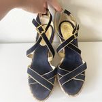 Ralph Lauren Lauren Ralph Lauren Wedge Sandals Sz 8 Womens Navy Gold Buckle Luxury Travel Photo 1