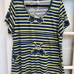 LuLaRoe  Classic Tee Navy & Yellow Striped Bow Blouse Top Pinup Plus Size 2X Photo 0