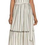 Maggy London Pom Pom Stripe Danni Gray Midi Dress Size 10P Petite Photo 0