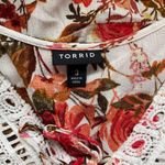 Torrid Babydoll Crinkle Gauze Crochet Inset Lace-up Top in White Floral Photo 9