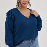 Torrid NWT Blue French Terry Ruffle Shoulder Pullover V Neck Sweatshirt Size 1X Photo 0