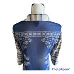 Daytrip -navy and tan flannel drape front top, long sleeves, semi sheer back, excellent condition, size small Photo 4