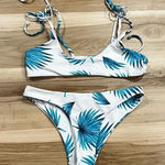 White and Blue Tropical Leaves Two Piece Bikini Women’s Small White Photo 0