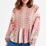 American Eagle Embroidered Balloon Sleeve Tassel Peasant Patchwork Peplum Top XS Pink Photo 0