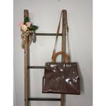 Paisley Print Tote Bag Detachable Shoulder Straps Brown Leather Silver Accents Photo 5