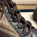 Coach  “Dianne” Brown and Black Monogram Lace-Up Boots, Size 8M Photo 8