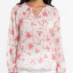 Como Blu Womens White Pink Floral Lace Trim Tie Neck Long Sleeve Blouse Rayon S Photo 0