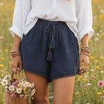 Coco + Jaimeson NWT Boho Shorts Womens S Blue Tassel Embroidered Cottagecoreo Photo 0
