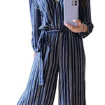 Hutch Anthropologie Wide Leg Navy Blue Striped Tie Jumpsuit Size Small Photo 0