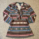 Chaps Denim Western Aztec Ruffle Mesh Lace Up Top 3/4 Sleeve Blouse Boho Size M Brown Size M Photo 0