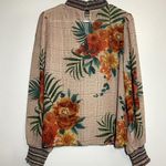 Jealous Tomato  Blouse High Neck Tropical Houndstooth Print Balloon Sleeve Tan S Photo 5