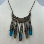 Bohemian fringe frosted glass burnished brass dangle necklace. Blue Photo 7