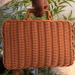 Brown tan wicker bamboo wooden weaving briefcase tote satchel hand bag purse boho vintage vibe gold hardware Photo 2