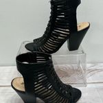 Just Fab Gwyn Black Woven Ankle High Open Toe Stacked Heel Sandals Size 5.5 Photo 1