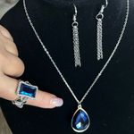 Blue stone Jewelry Set, Necklace, Earrings and Cocktail Ring Silver Photo 0